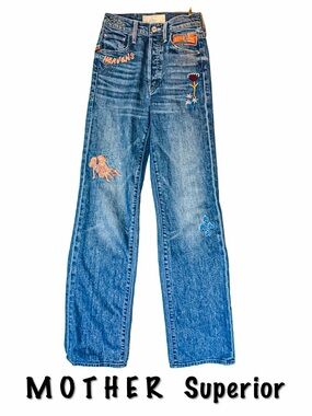 MOTHER SUPERIOR The Rambler Sneak Embroidered Jeans 23 High Rise Button Fly Rare